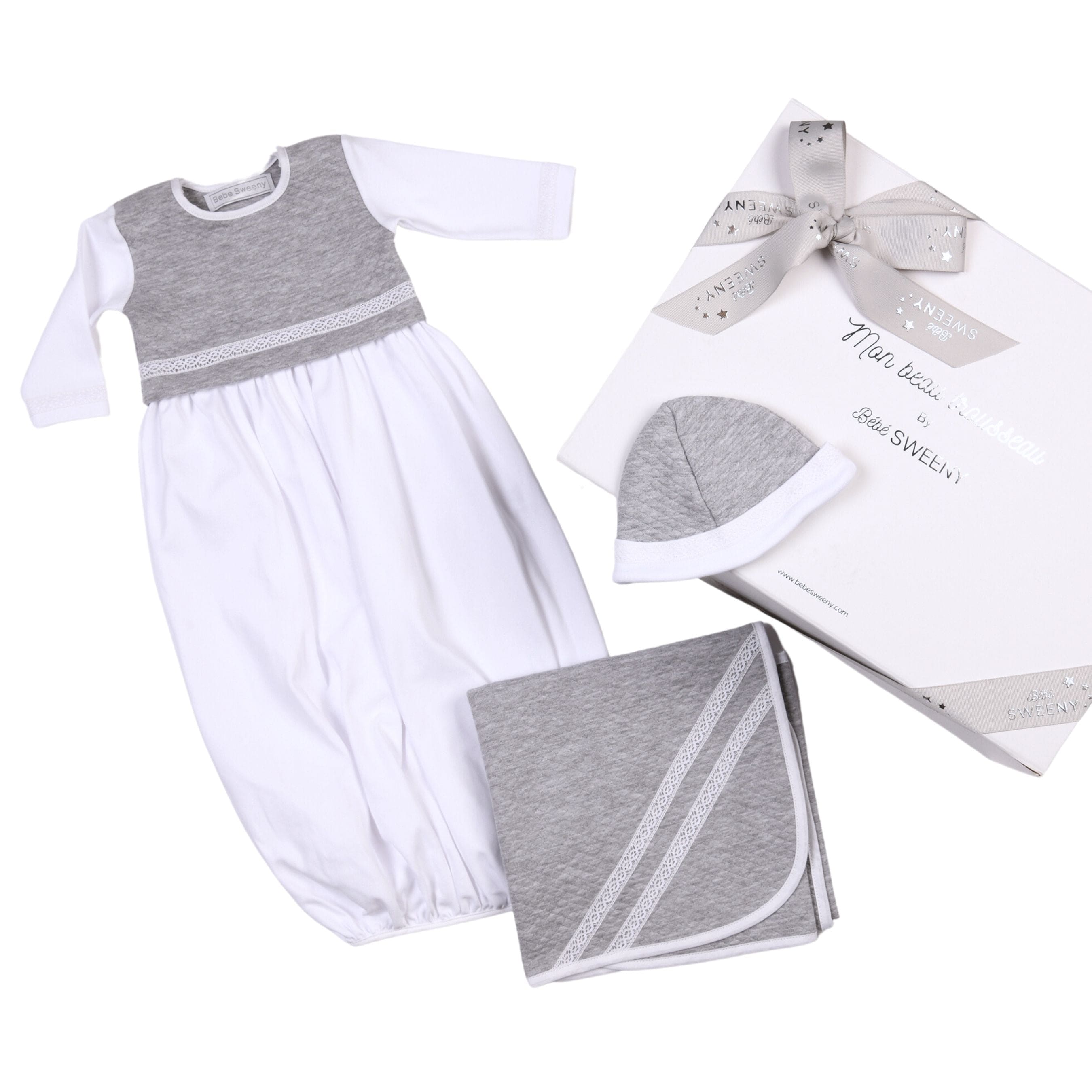 Baby White & Grey Cotton Gown Set (3)