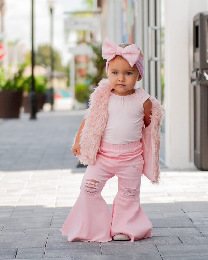 Barbie Pleated Denim Bell Bottoms - Powerpuff Distressed Pink