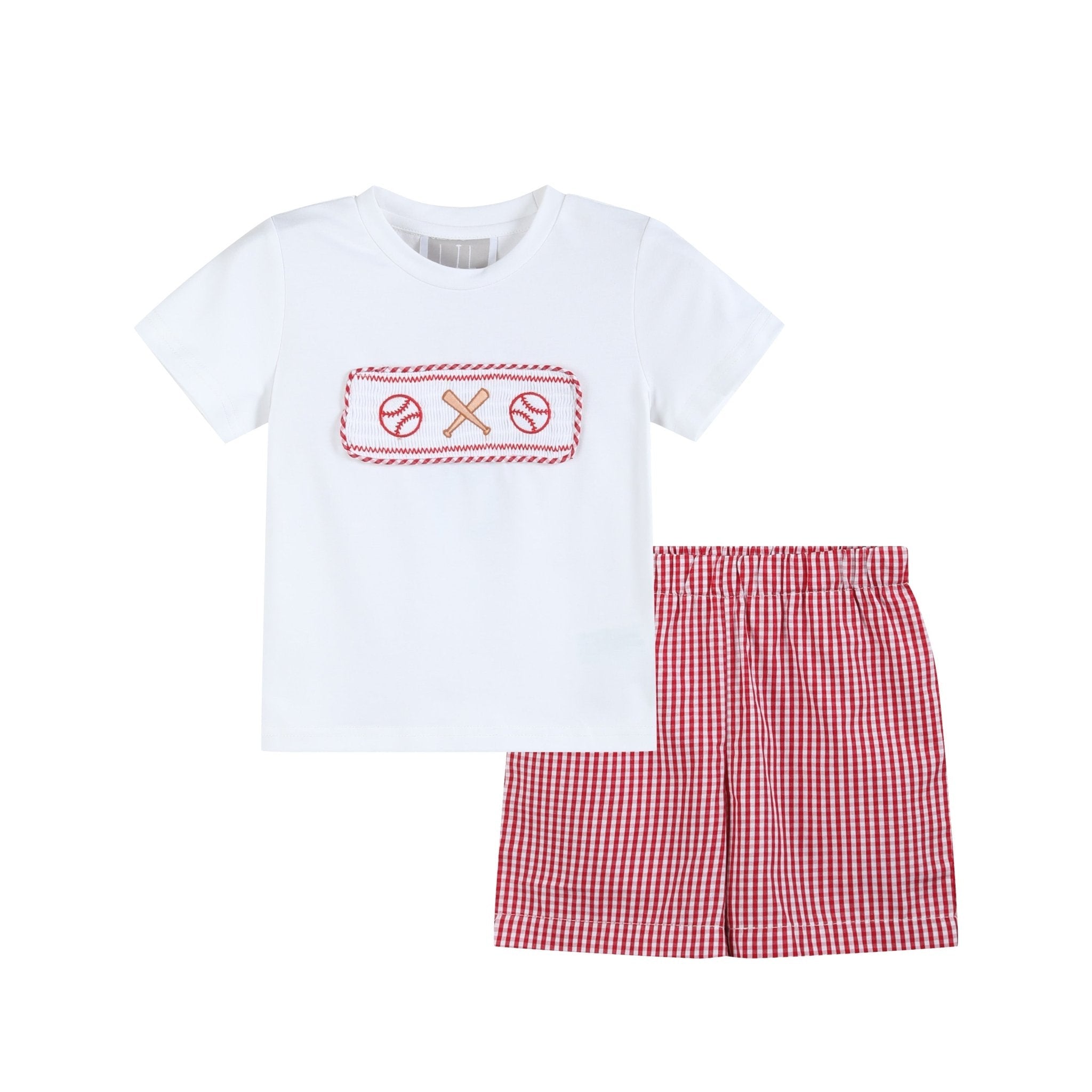 Baseball Smocked Shirt And Red Gingham Shorts Set