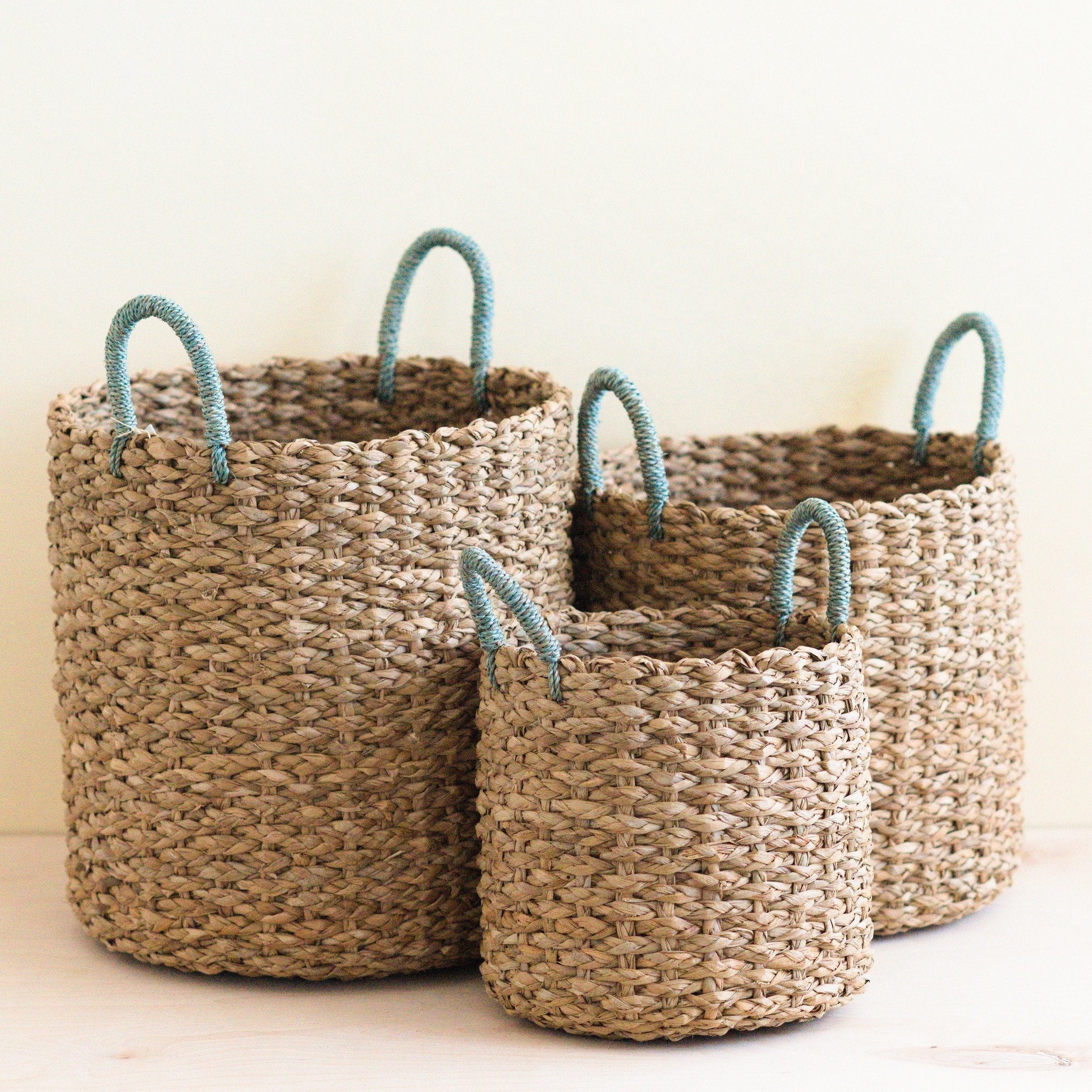 Seagrass Woven Baskets With Sky Blue Handle Set Of 3 - Straw Baskets | Likhâ