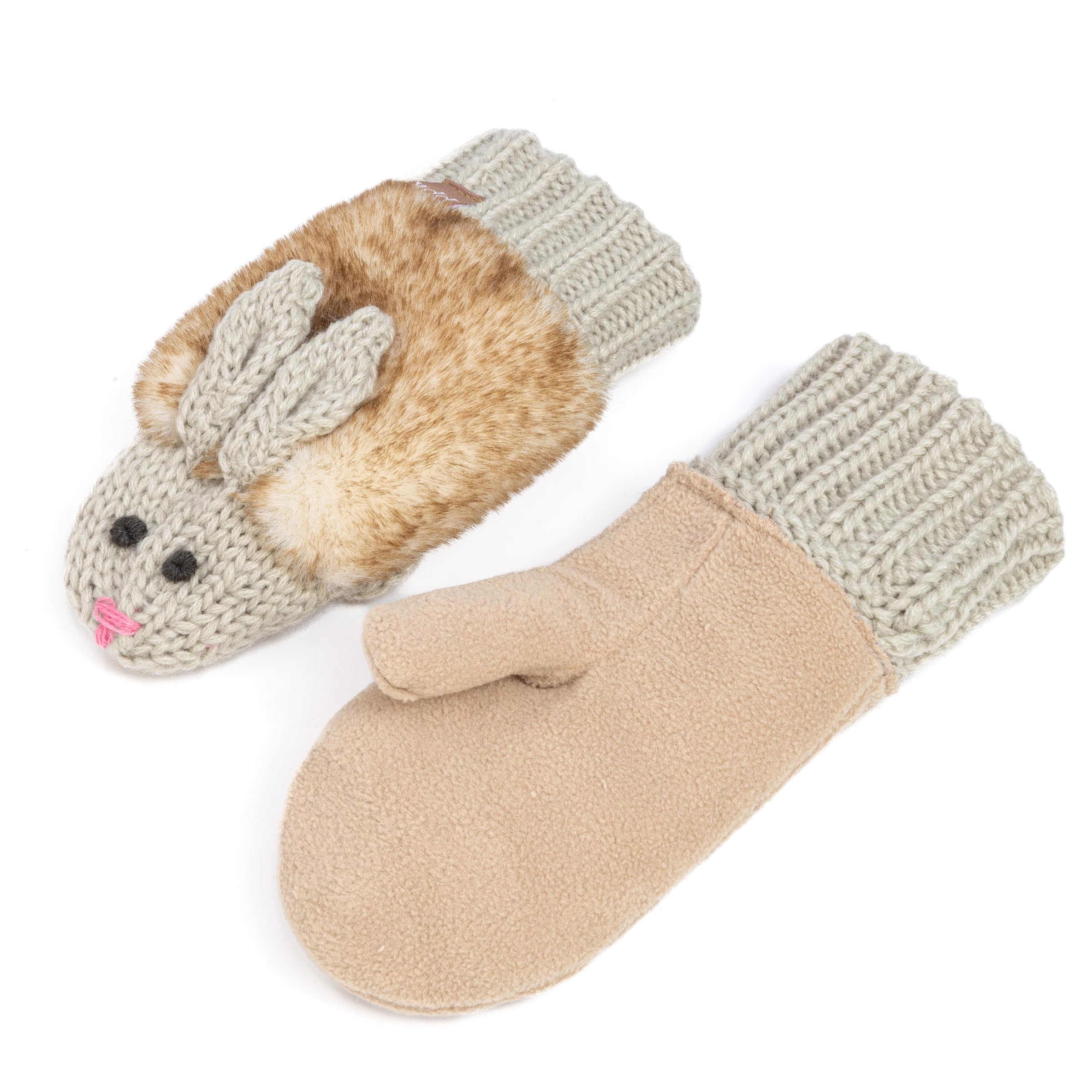 Warm Knit Winter Mittens For Girls Ages 3-12 Years, Double-layered, Fun Bunny Rabbit Design For Children, Toddler To Big Kids