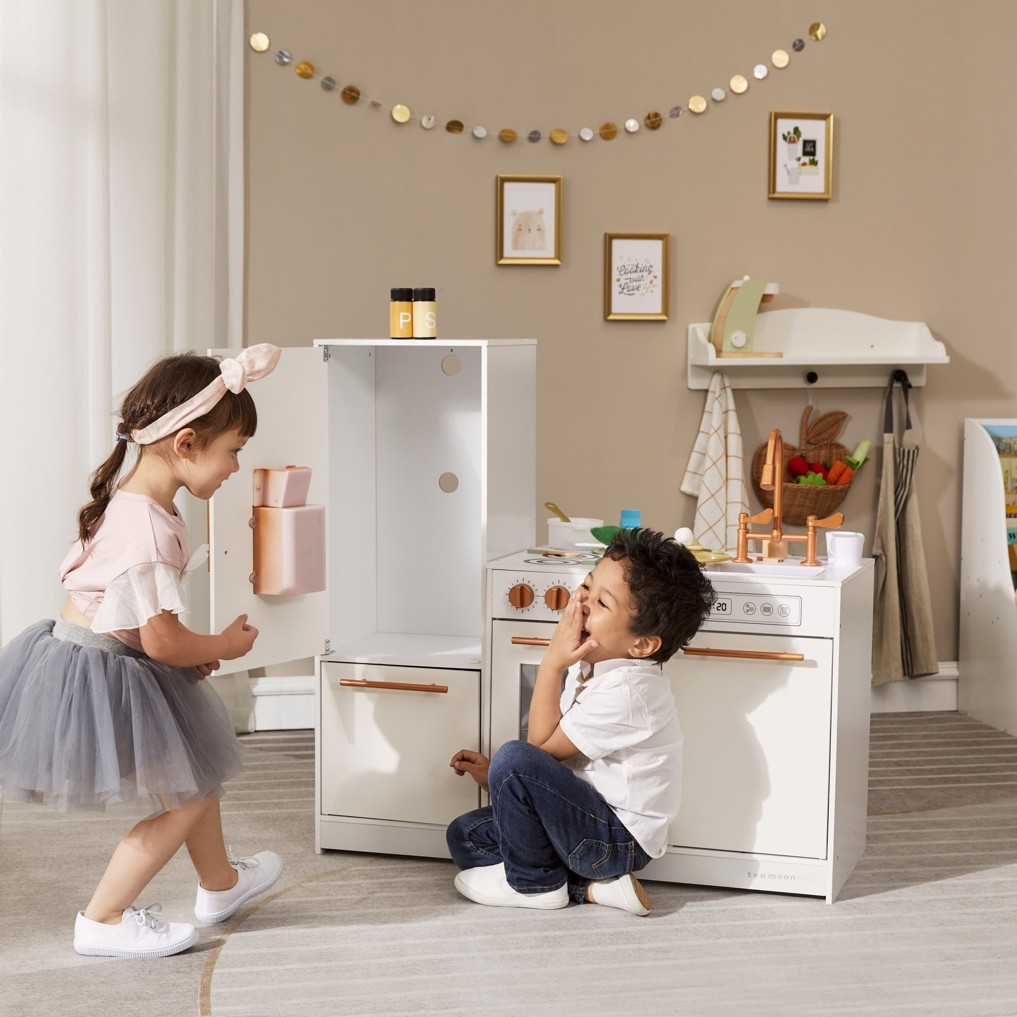 Little Chef Milano Two-piece Modular Modern Delight Play Kitchen With Cooking Accessories, Faux Marble Countertop, & Rose Gold Hardware, White