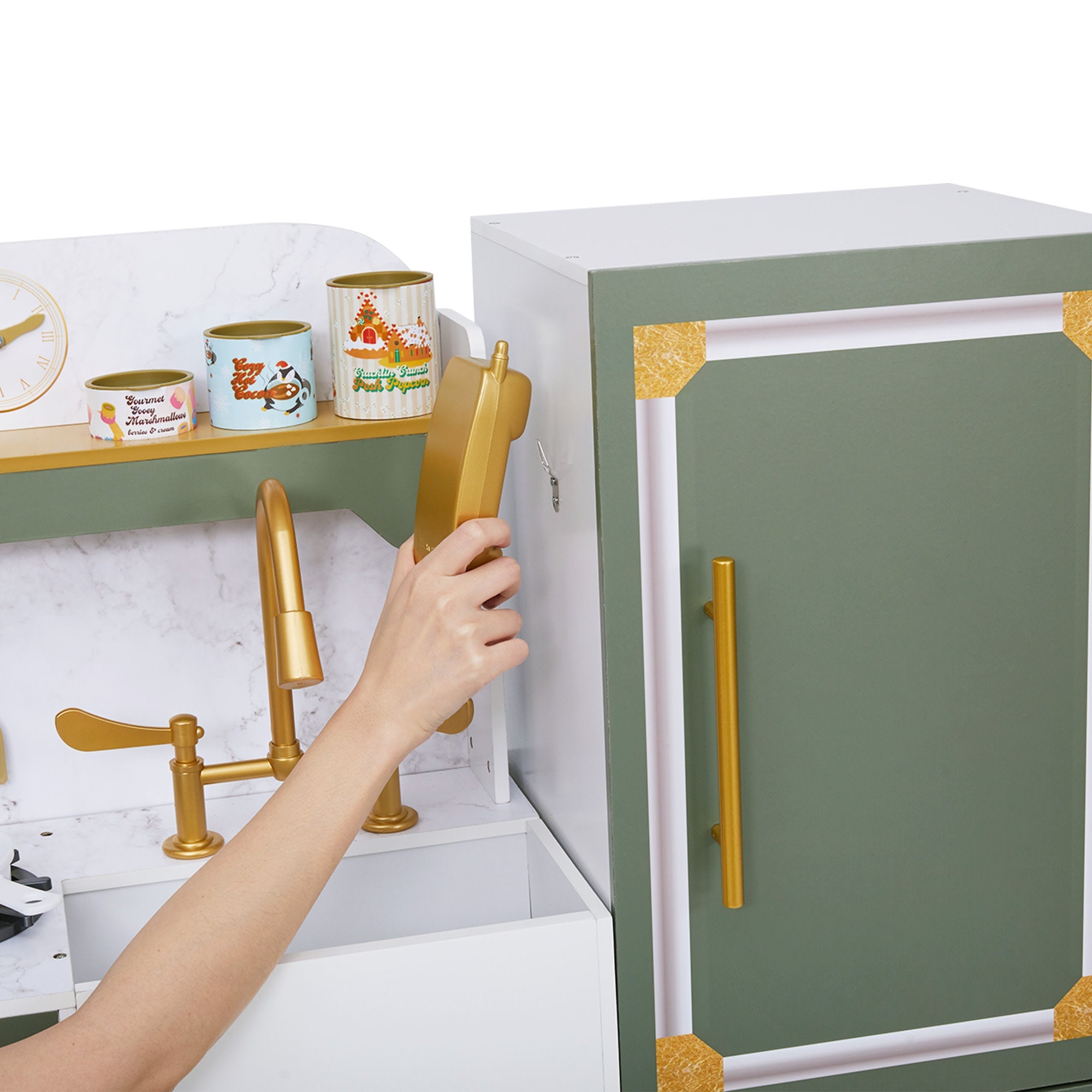 Versailles Wooden Deluxe Play Kitchen Plus Refrigerator And 15 Accessories, Olive Green