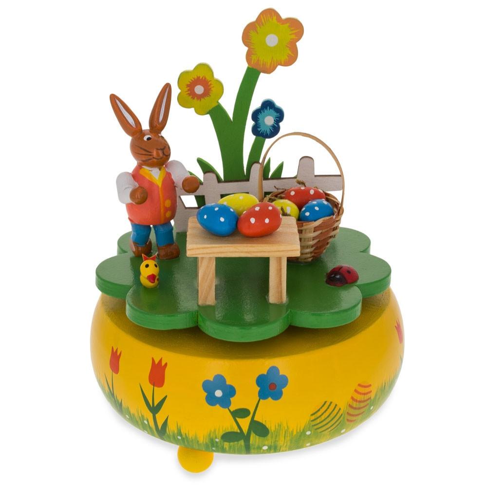 Charming Bunny Picnic With Easter Eggs Wooden Rotating Music Box Figurine 5.25 Inches Tall