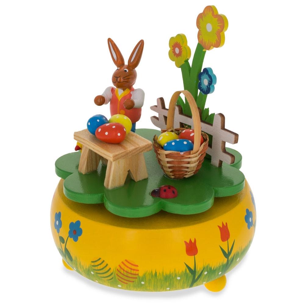 Charming Bunny Picnic With Easter Eggs Wooden Rotating Music Box Figurine 5.25 Inches Tall