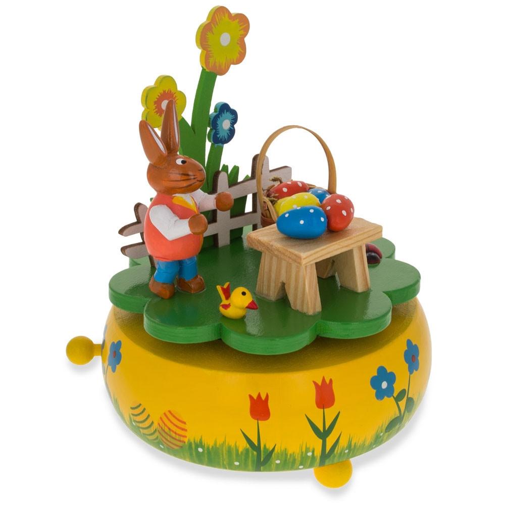 Charming Bunny Picnic With Easter Eggs Wooden Rotating Music Box Figurine 5.25 Inches Tall