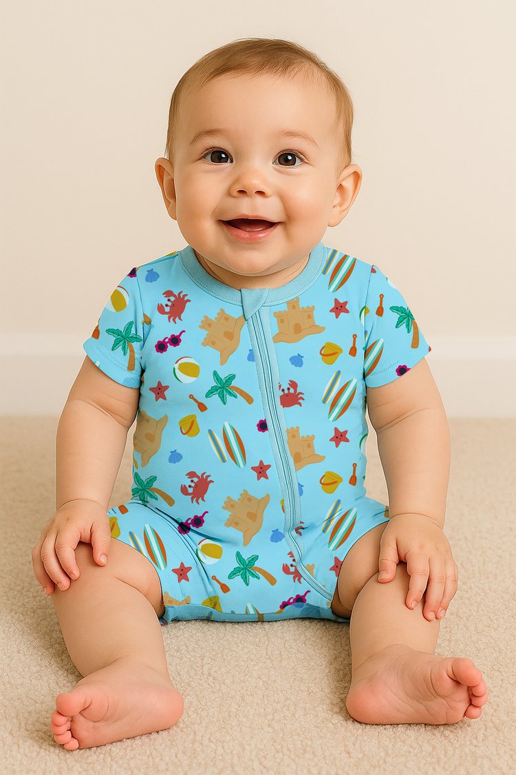 My First Beach Trip Shortie Romper With Snap Buttons | Baby Summer Outfit |