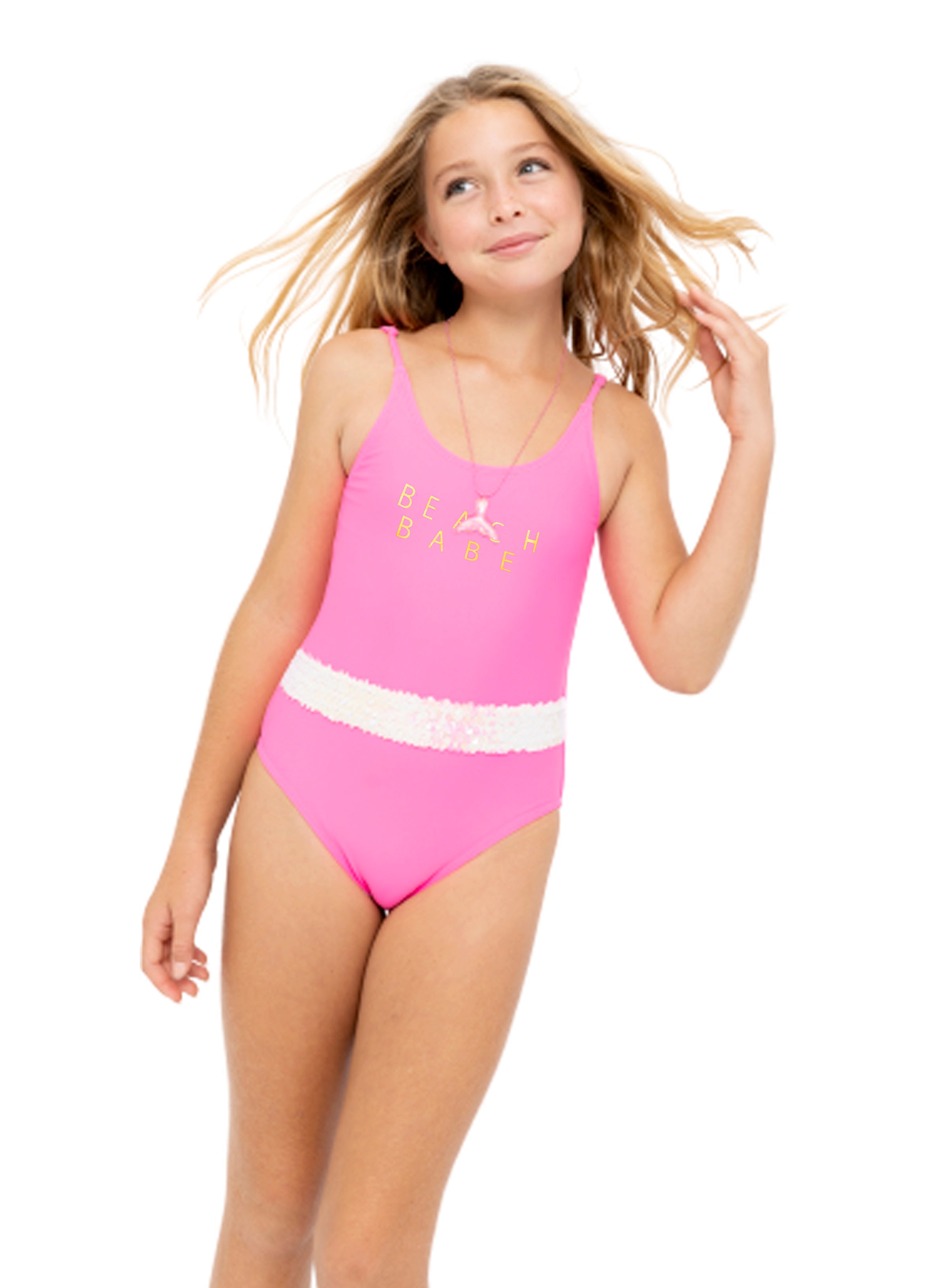 Beach Babe Neon Pink Swimsuit With Sequin Belt
