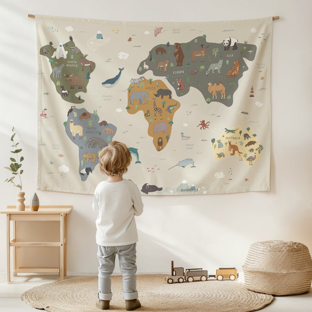 Wooden Hangers Tapestry World Map - Fabric Nursery Wall Banner Art