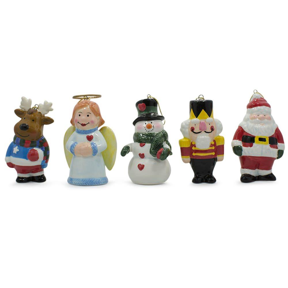 Set Of 5 Ceramic Santa, Angel, Snowman, Nutcracker Christmas Ornaments 3 Inches