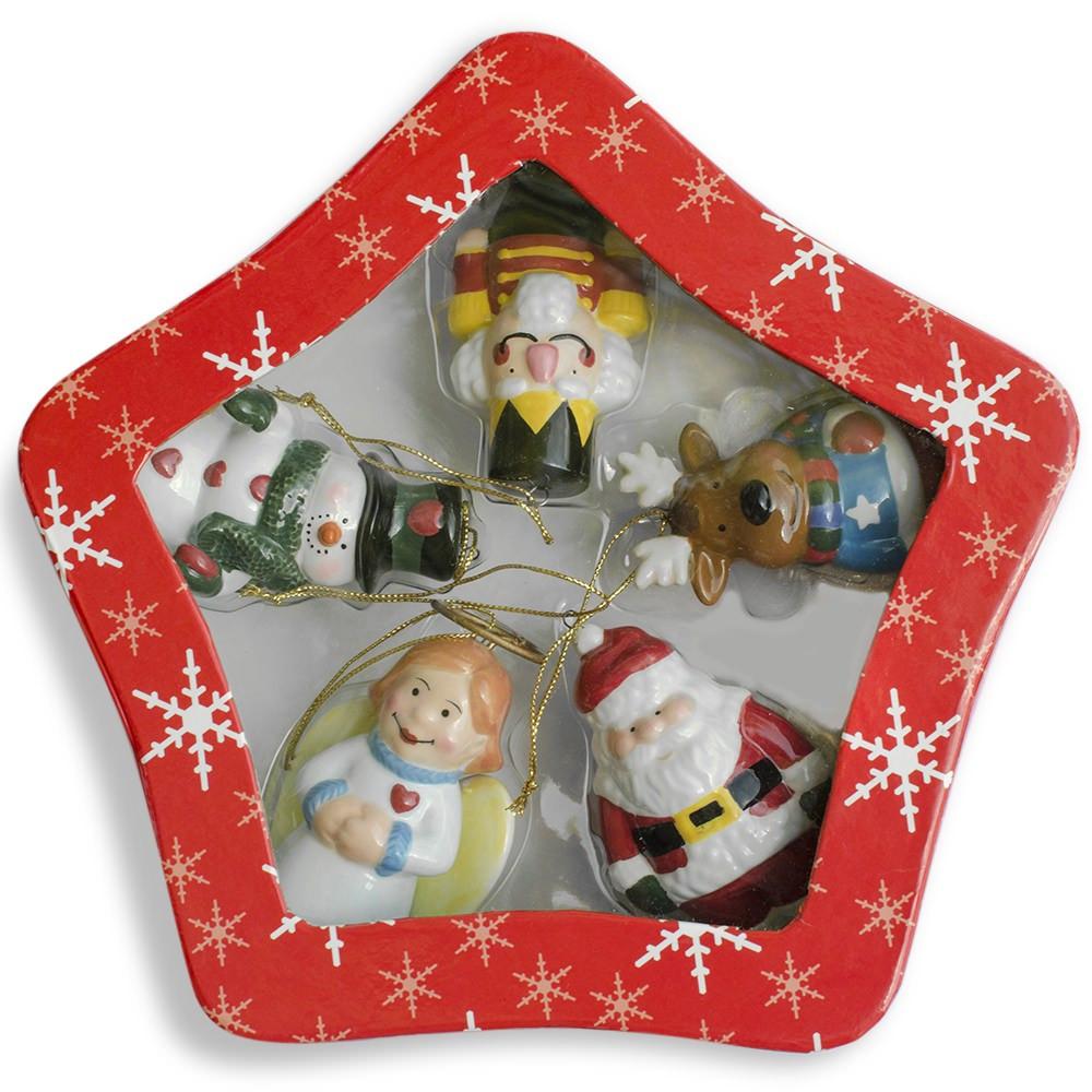 Set Of 5 Ceramic Santa, Angel, Snowman, Nutcracker Christmas Ornaments 3 Inches