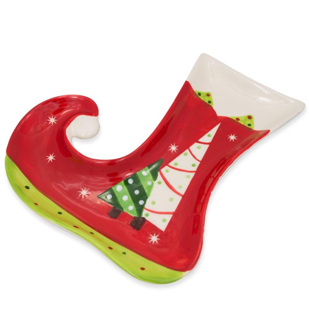 Set Of 2 Christmas Stockings Shape Ceramic Plates