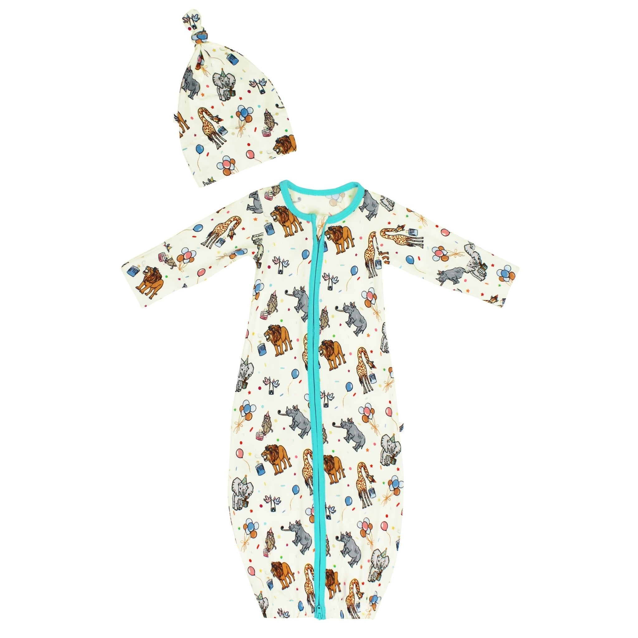 Birthday Party Animals Take The Cake Newborn Gown & Knot Hat Set