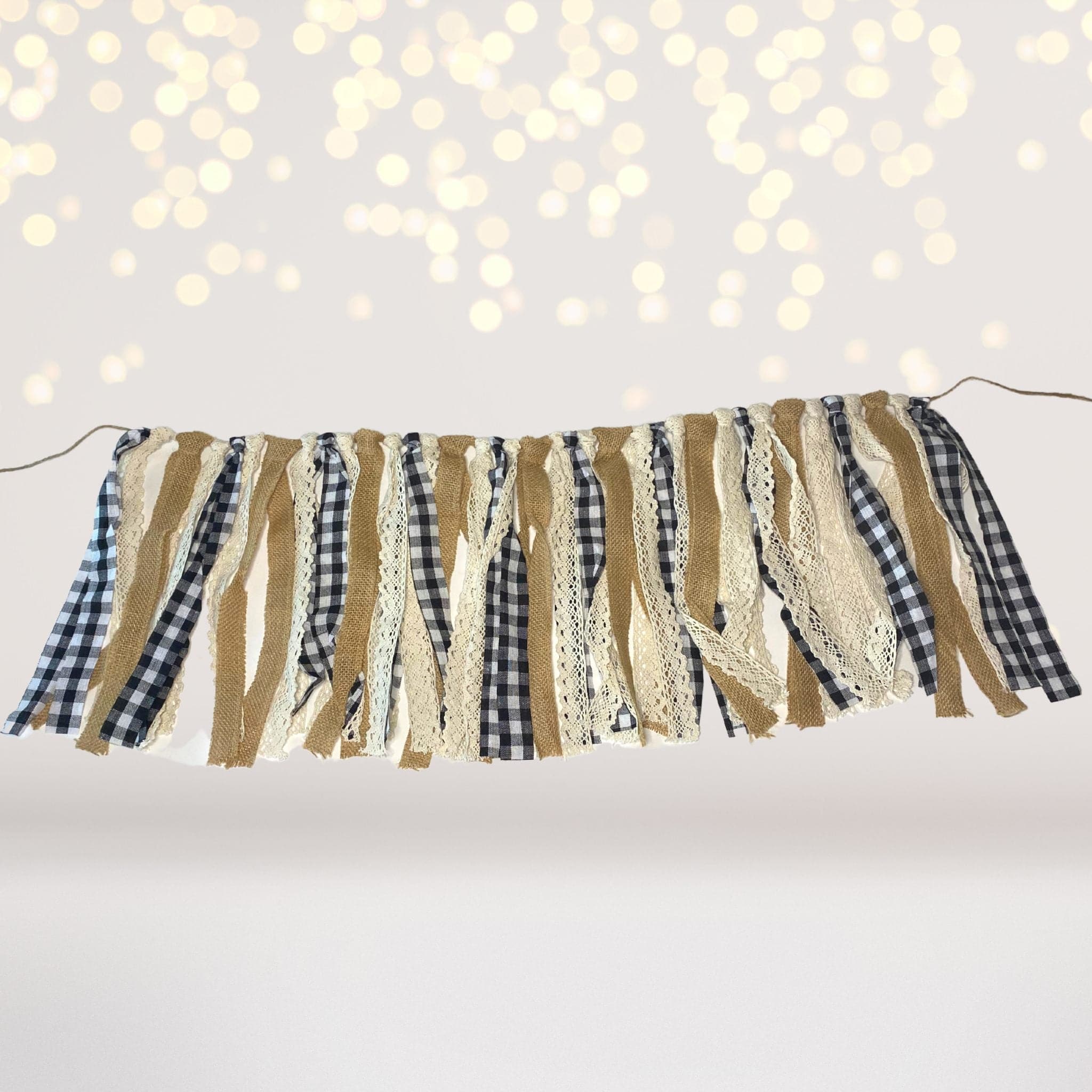 Black And White Buffalo Plaid Party Banner With Lace And Burlap