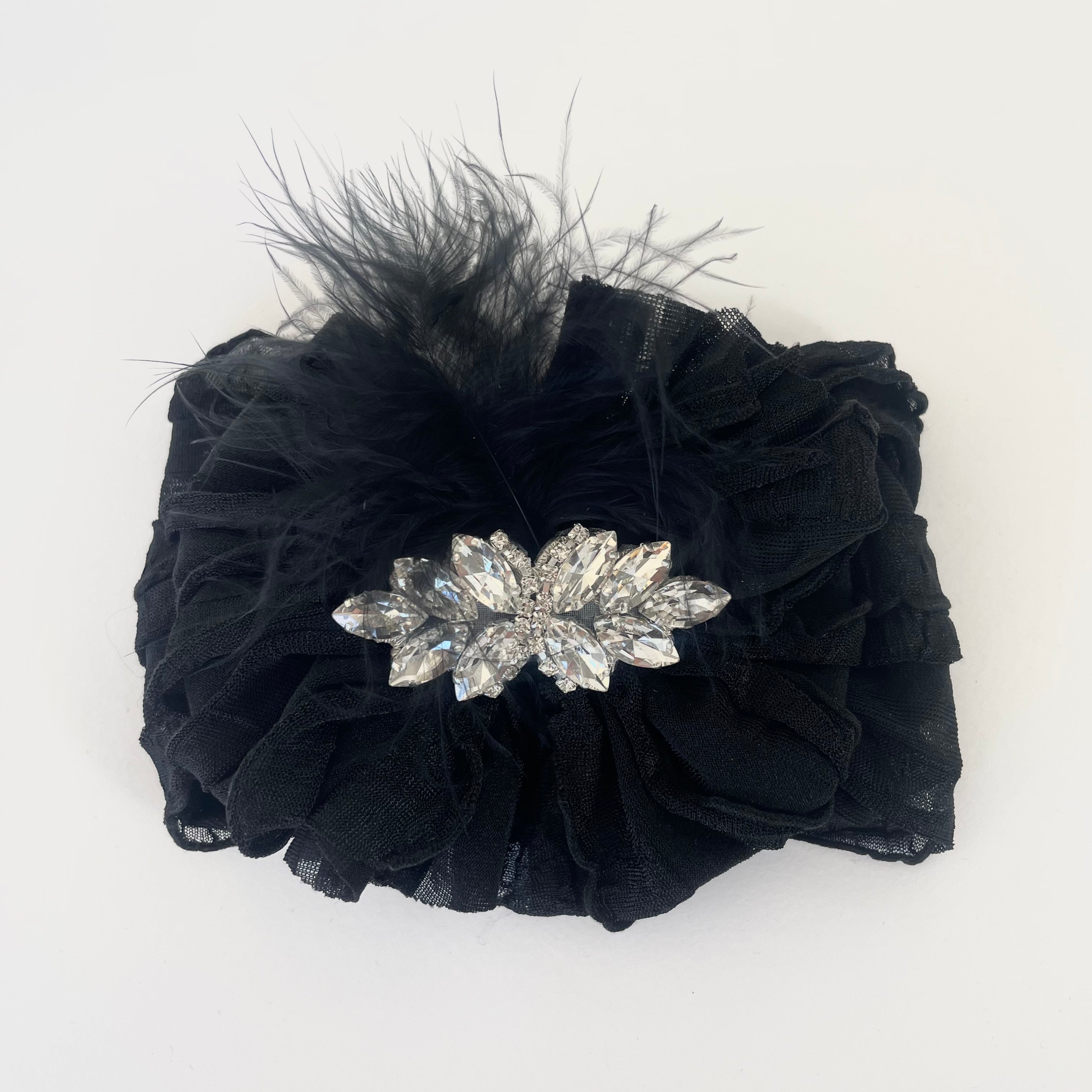 Fancy Feather & Rhinestone Ruffled Baby Headband