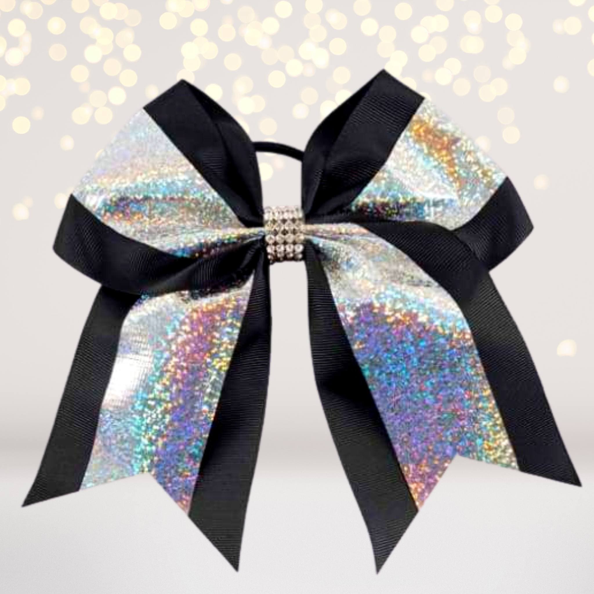 Black Hologram And Rhinestone Cheer Bow, Hologram Glitter Cheerleading Bow