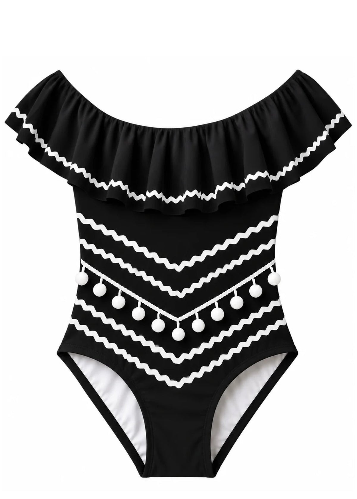 Black  Swimsuit With Ric Rac N Pom Poms