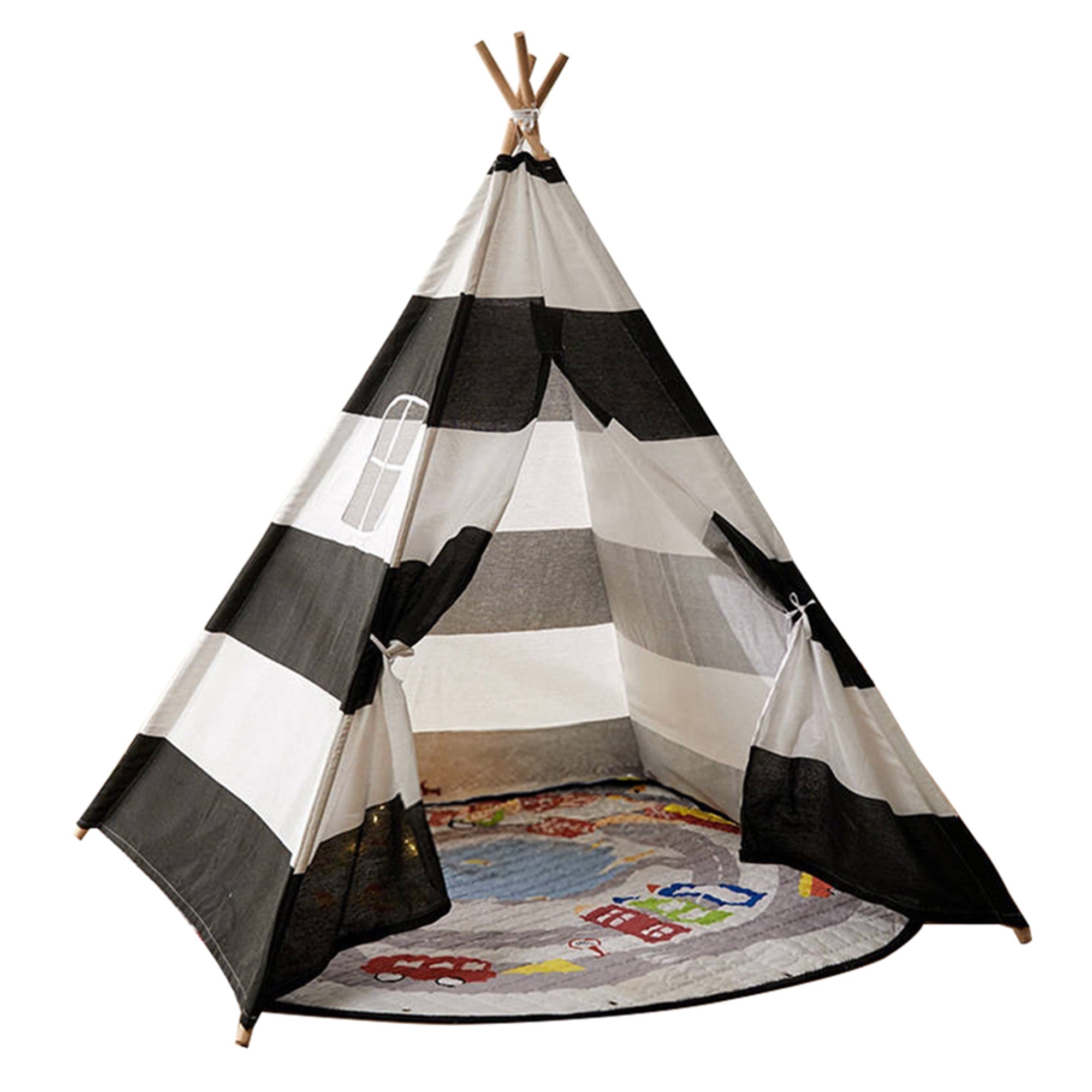 Large Foldable Kids Canvas Teepee Play Tent With Lights ( Black & White )