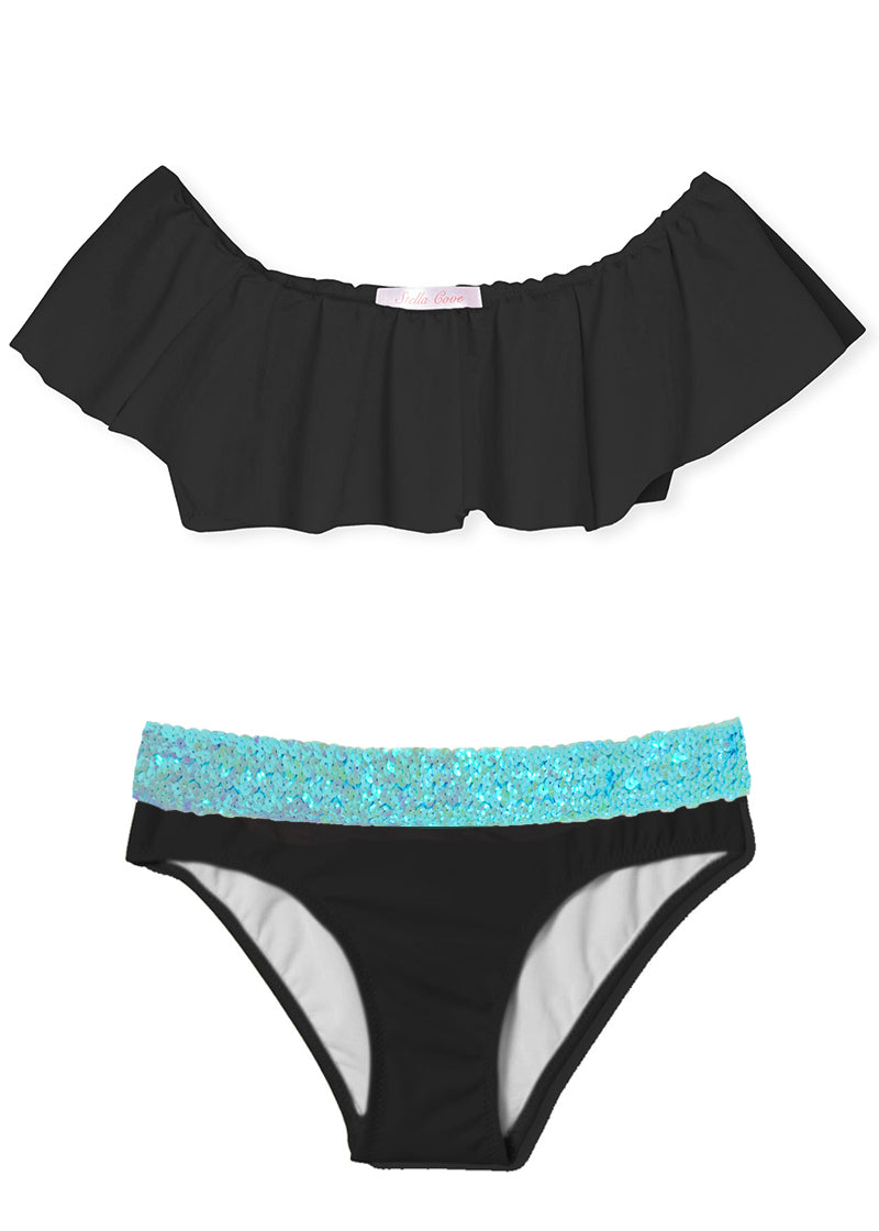 Black Bikini With Aqua Sequin Belt