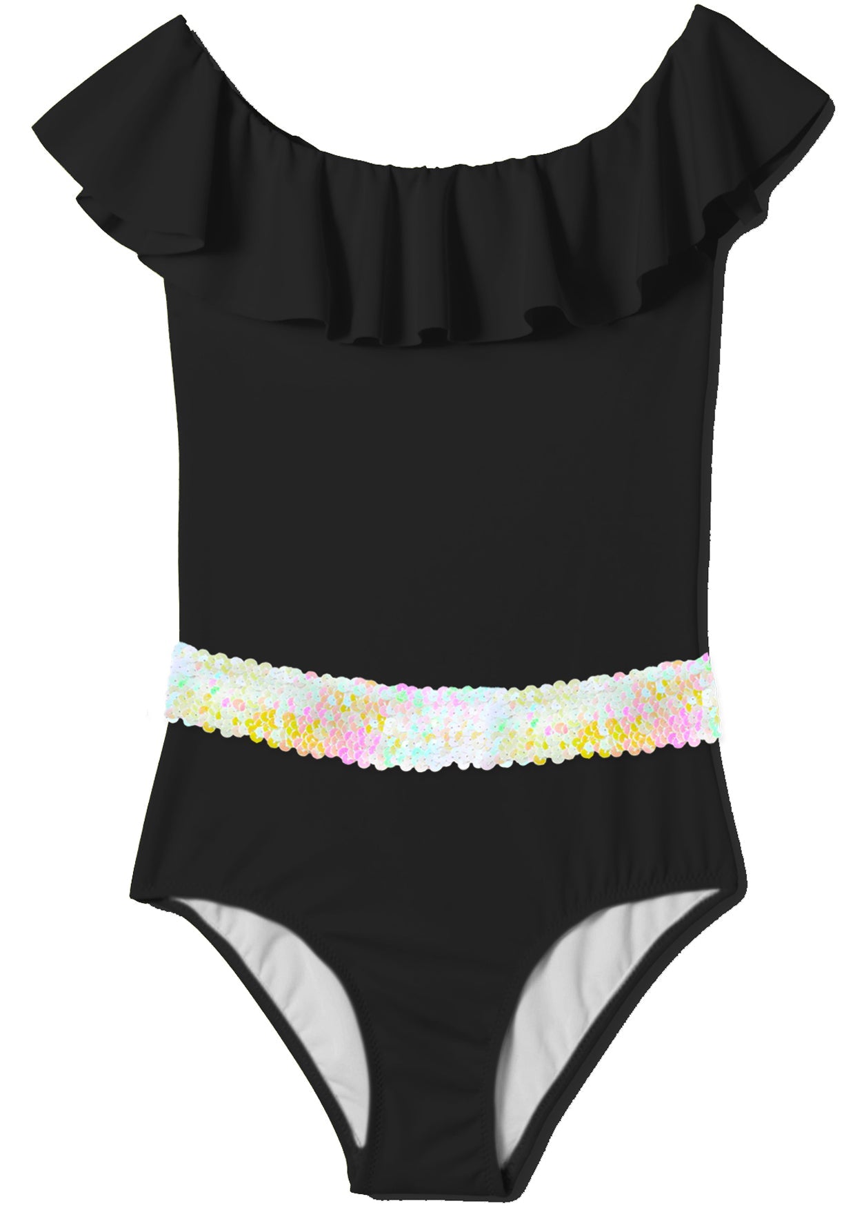 Black Ruffle Swimsuit With Sequin Belt