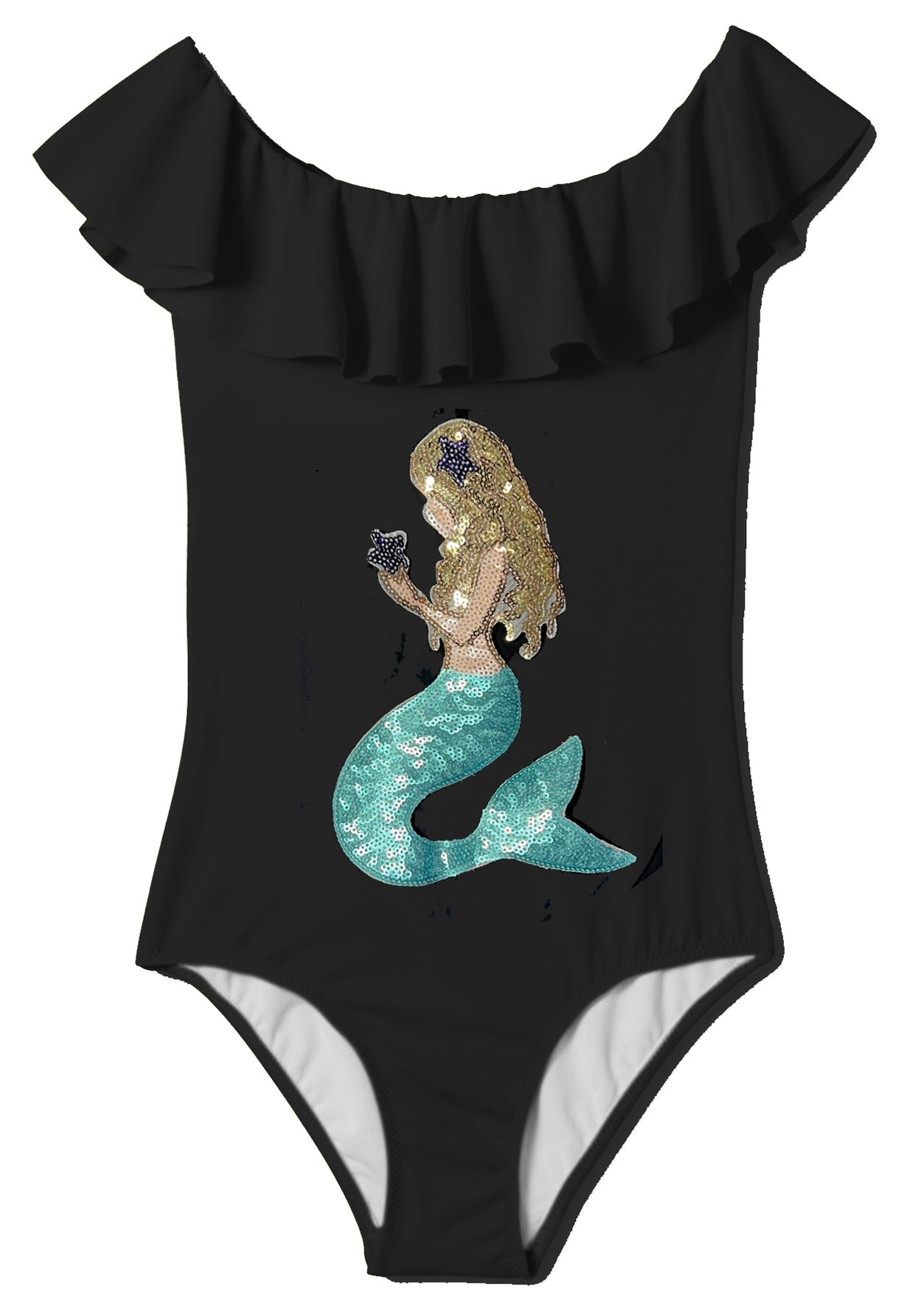 Black Draped Swimsuit With Mermaid