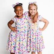 Block Party (purple) Short Sleeve Big Kid Twirl Dress