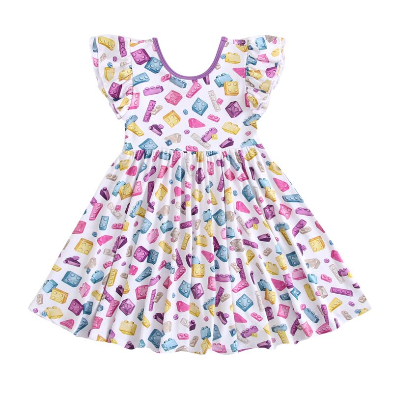 Block Party (purple) Short Sleeve Big Kid Twirl Dress