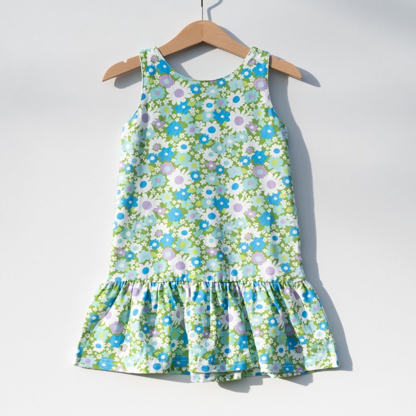 Blue And Green Flower Power Drop Waist Dress For Babies, Toddler And Girls