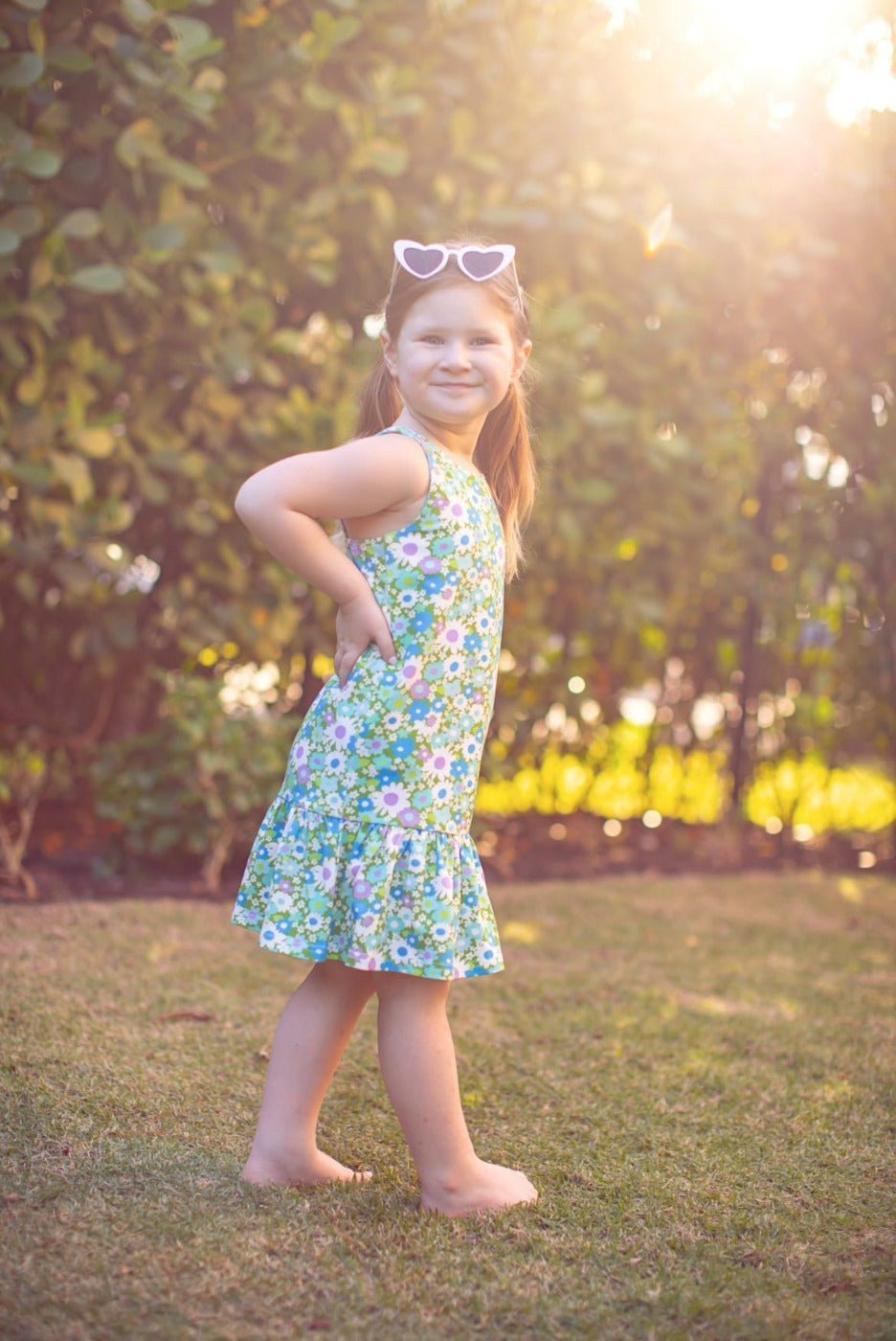 Blue And Green Flower Power Drop Waist Dress For Babies, Toddler And Girls
