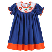 Blue And Orange Football Smocked Bishop Dress
