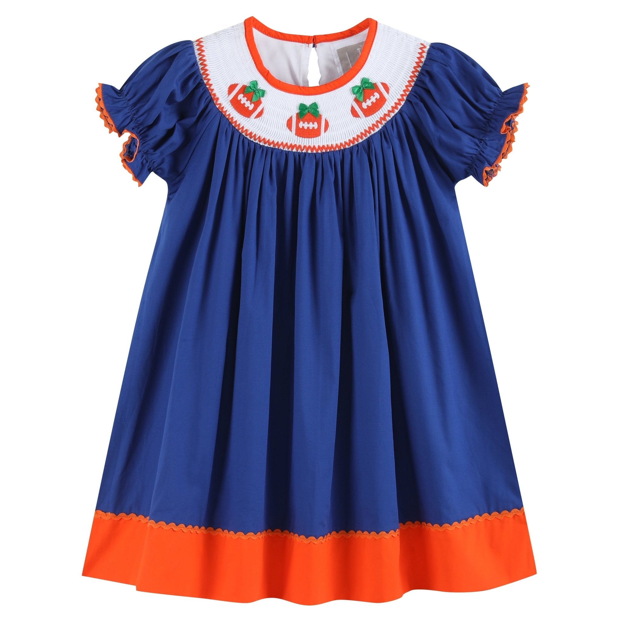 Blue And Orange Football Smocked Bishop Dress