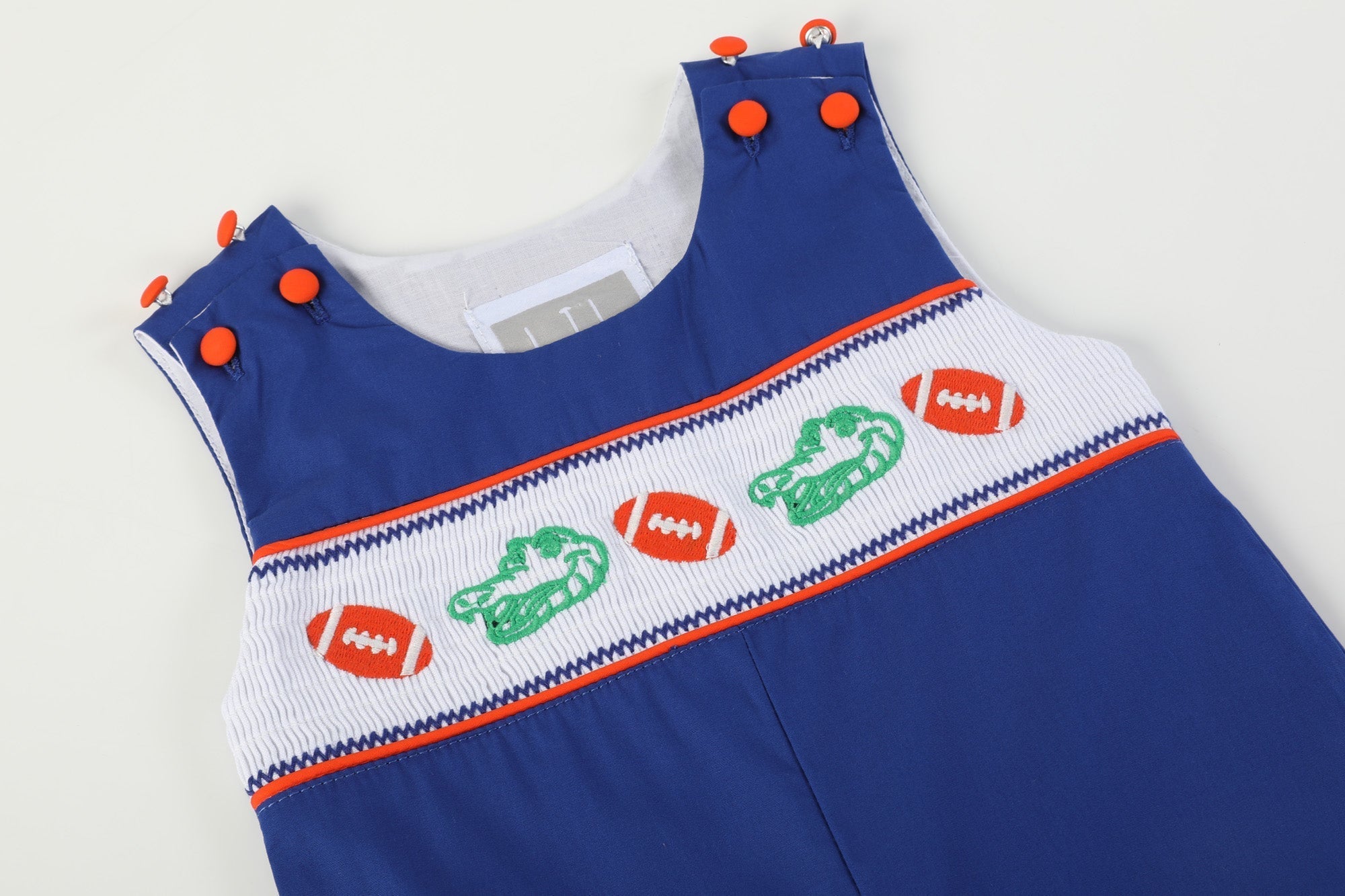 Blue And Orange Football Smocked Overalls