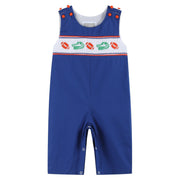 Blue And Orange Football Smocked Overalls