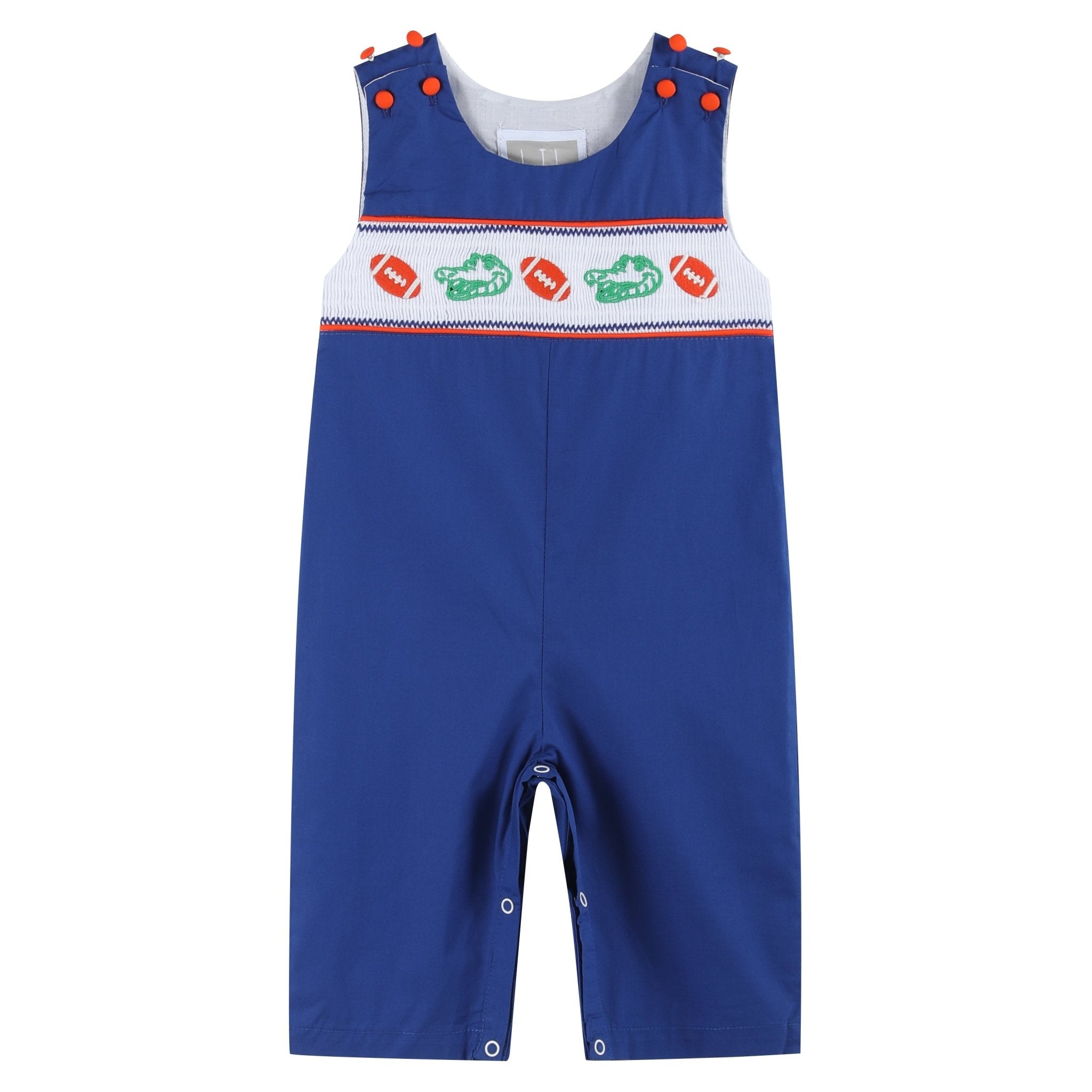 Blue And Orange Football Smocked Overalls