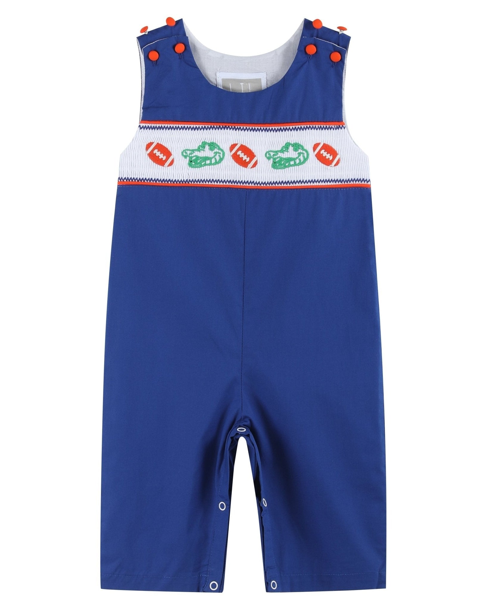 Blue And Orange Football Smocked Overalls