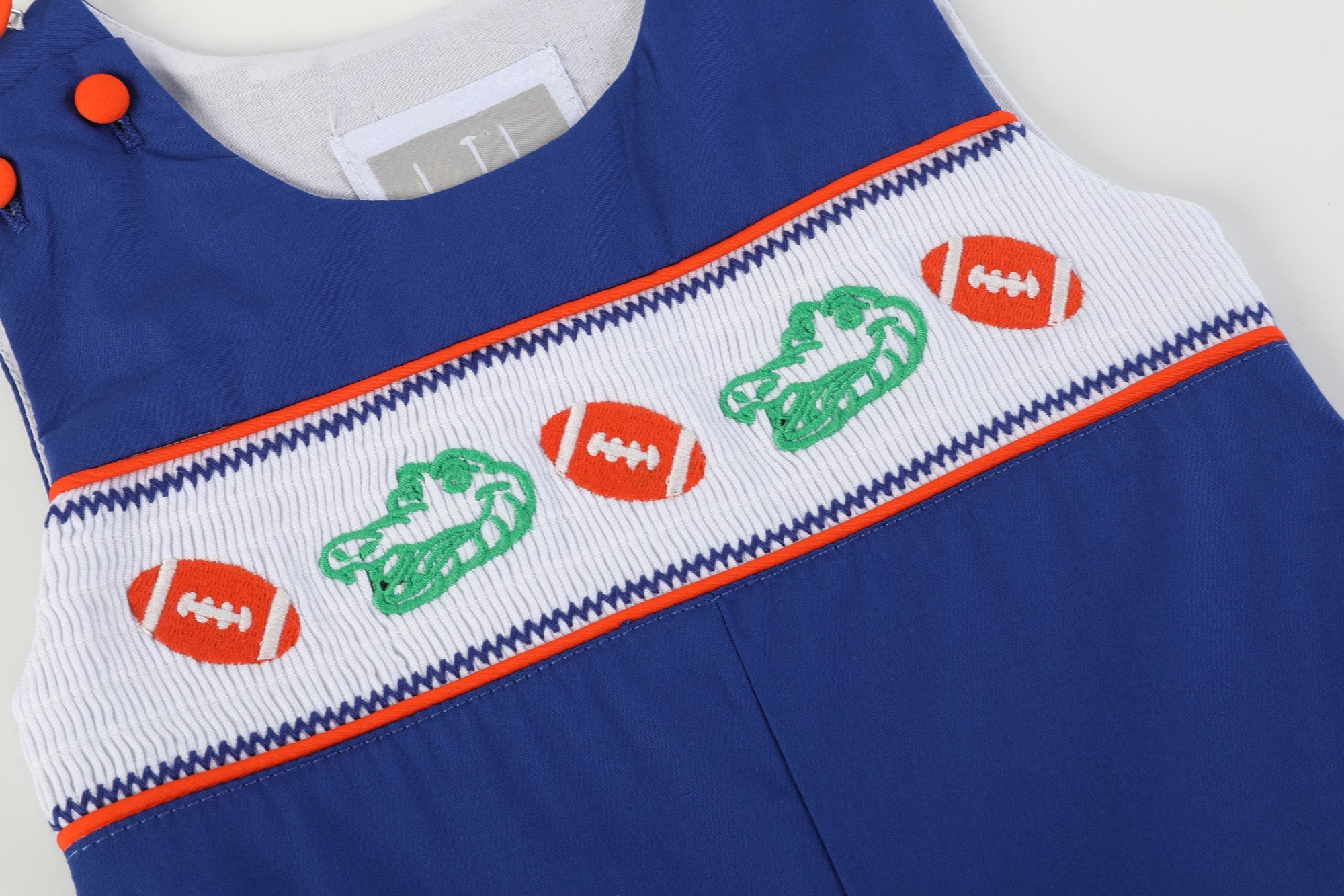 Blue And Orange Football Smocked Overalls