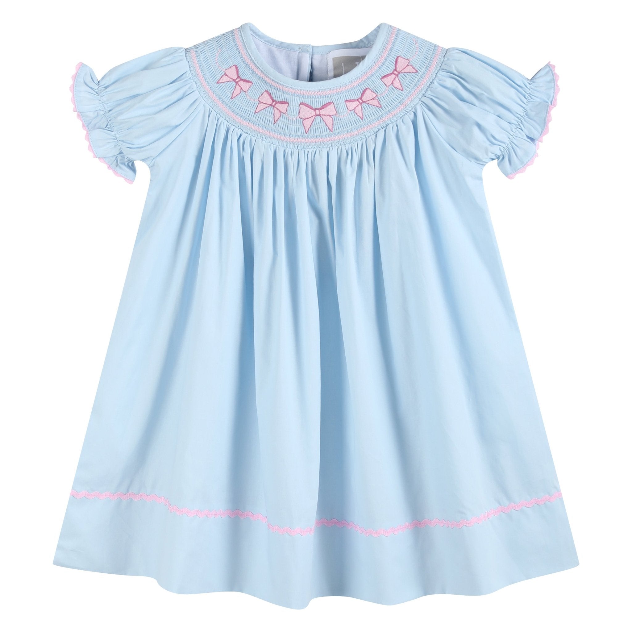 Blue And Pink Bow Smocked Bishop Dress