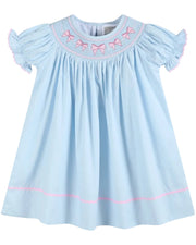 Blue And Pink Bow Smocked Bishop Dress
