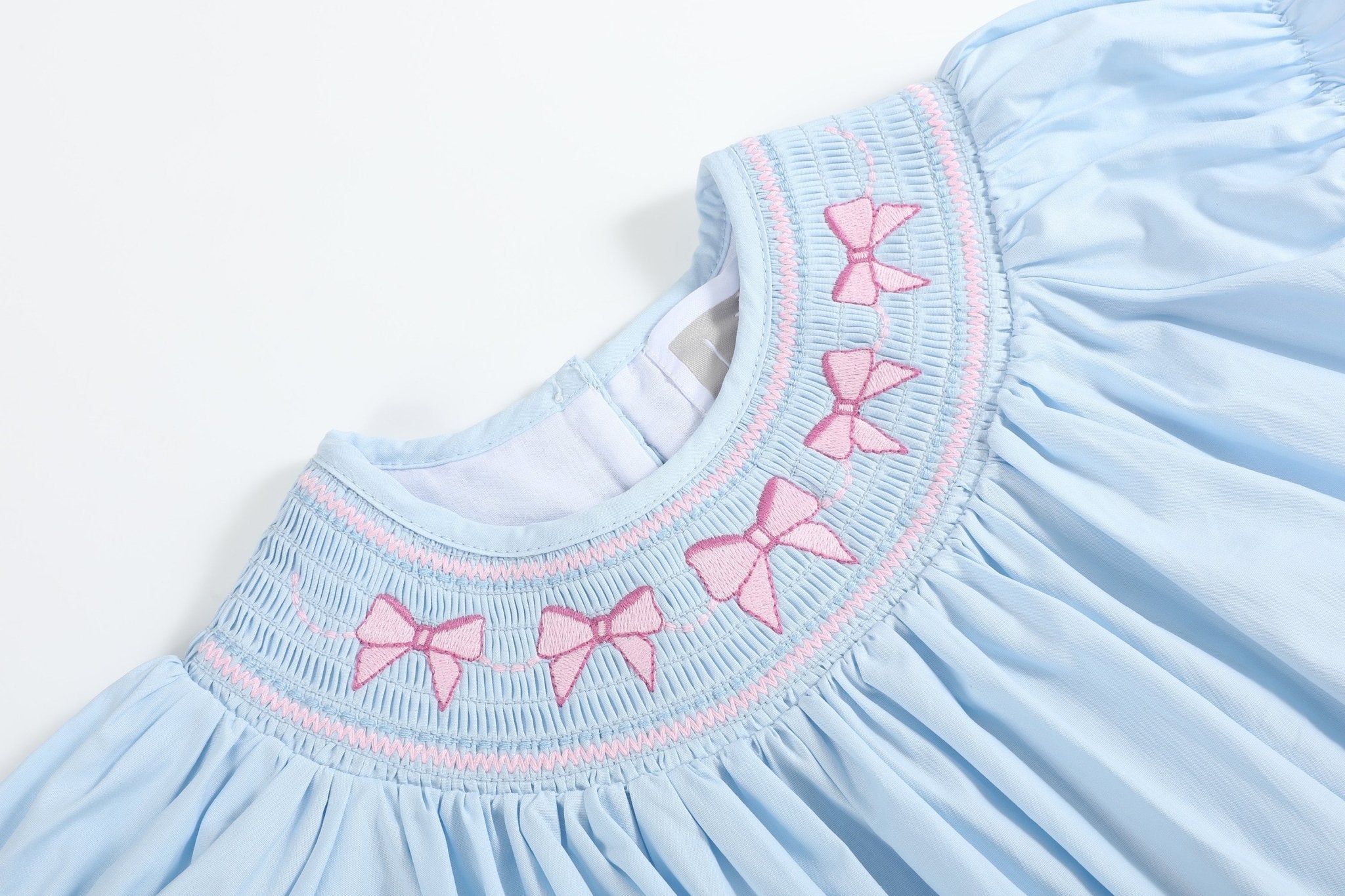 Blue And Pink Bow Smocked Bishop Dress