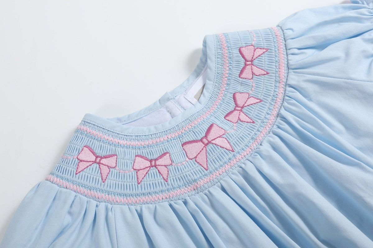 Blue And Pink Bow Smocked Romper