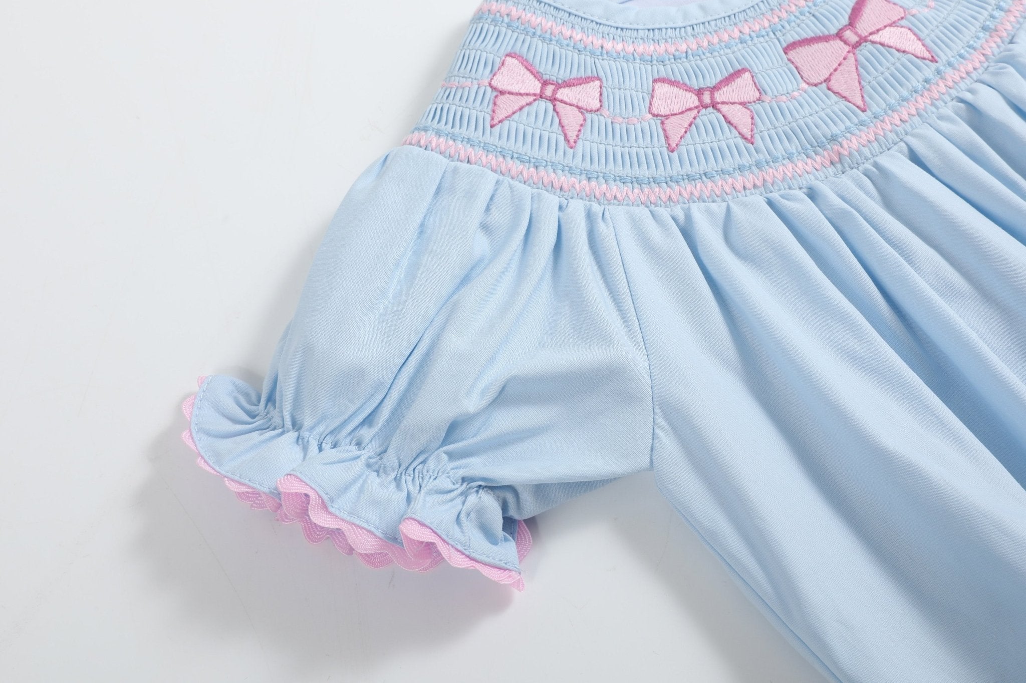 Blue And Pink Bow Smocked Romper