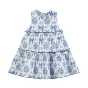Blue And White Print Layered Ruffle Dress
