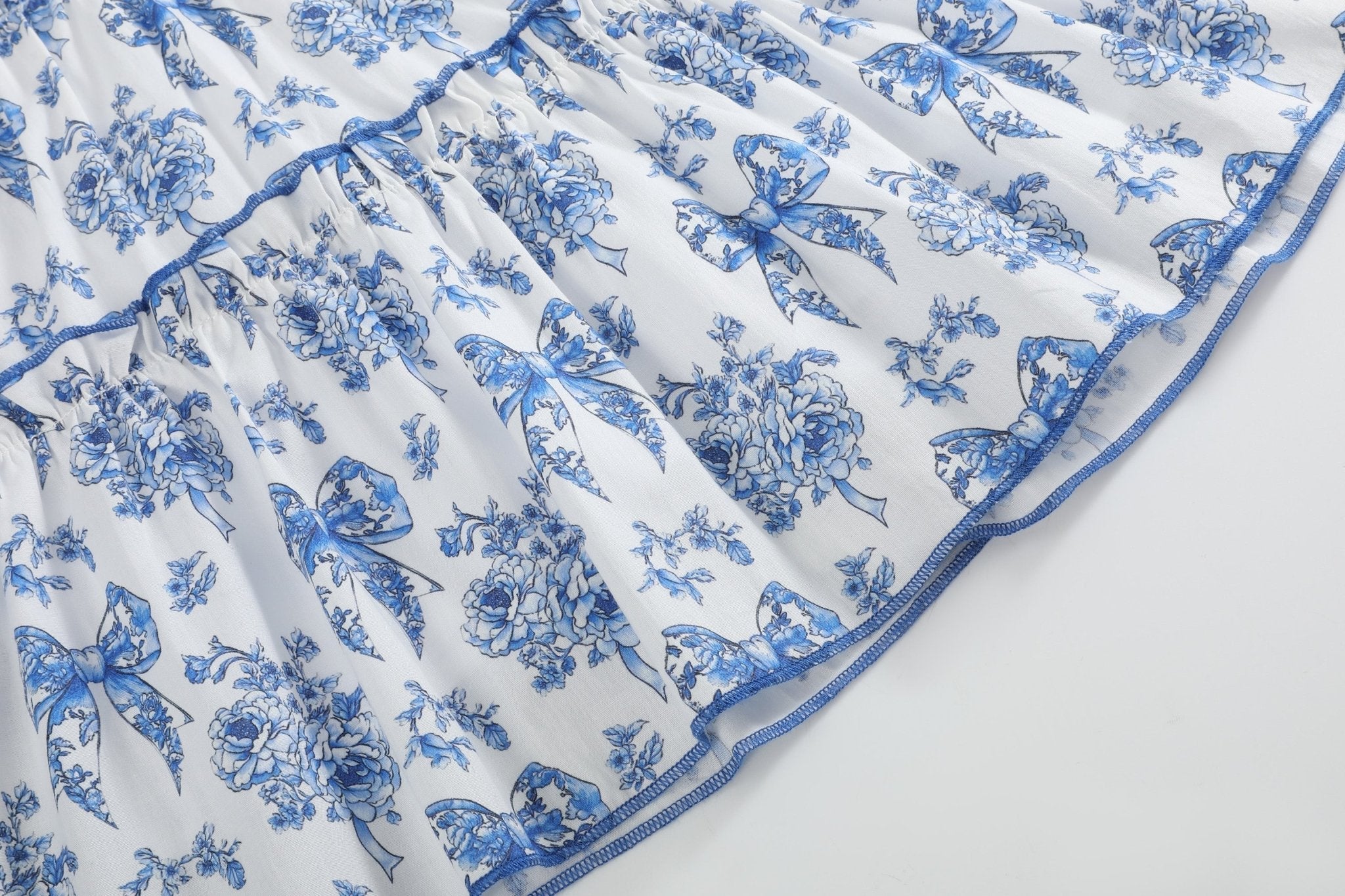 Blue And White Print Layered Ruffle Dress