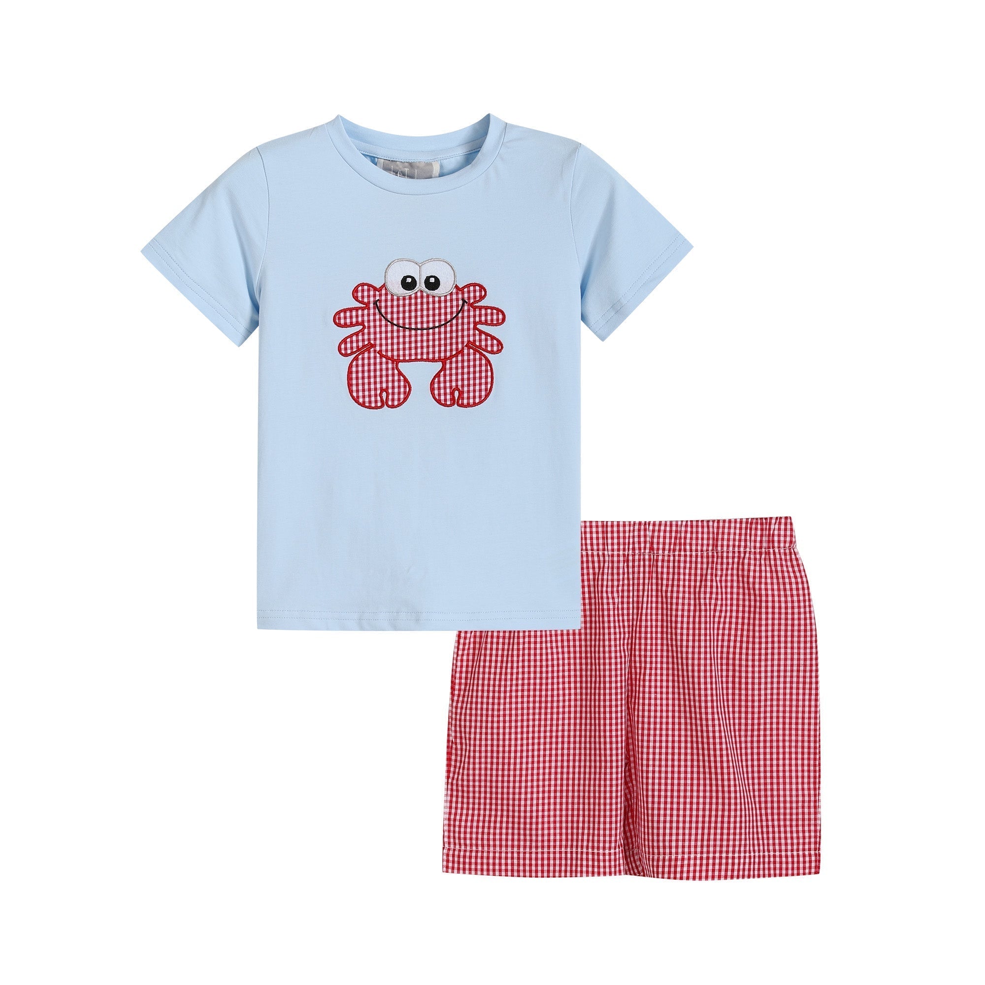 Blue Crab Shirt And Red Gingham Shorts Set