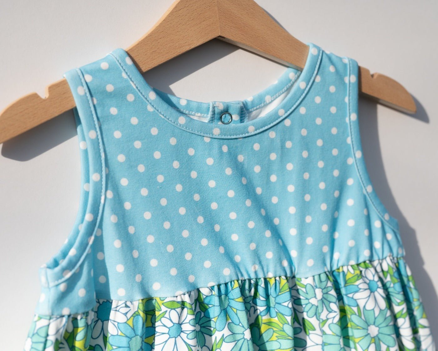 Blue Flower Power And Polka Dot Dress For Baby And Toddler Girls