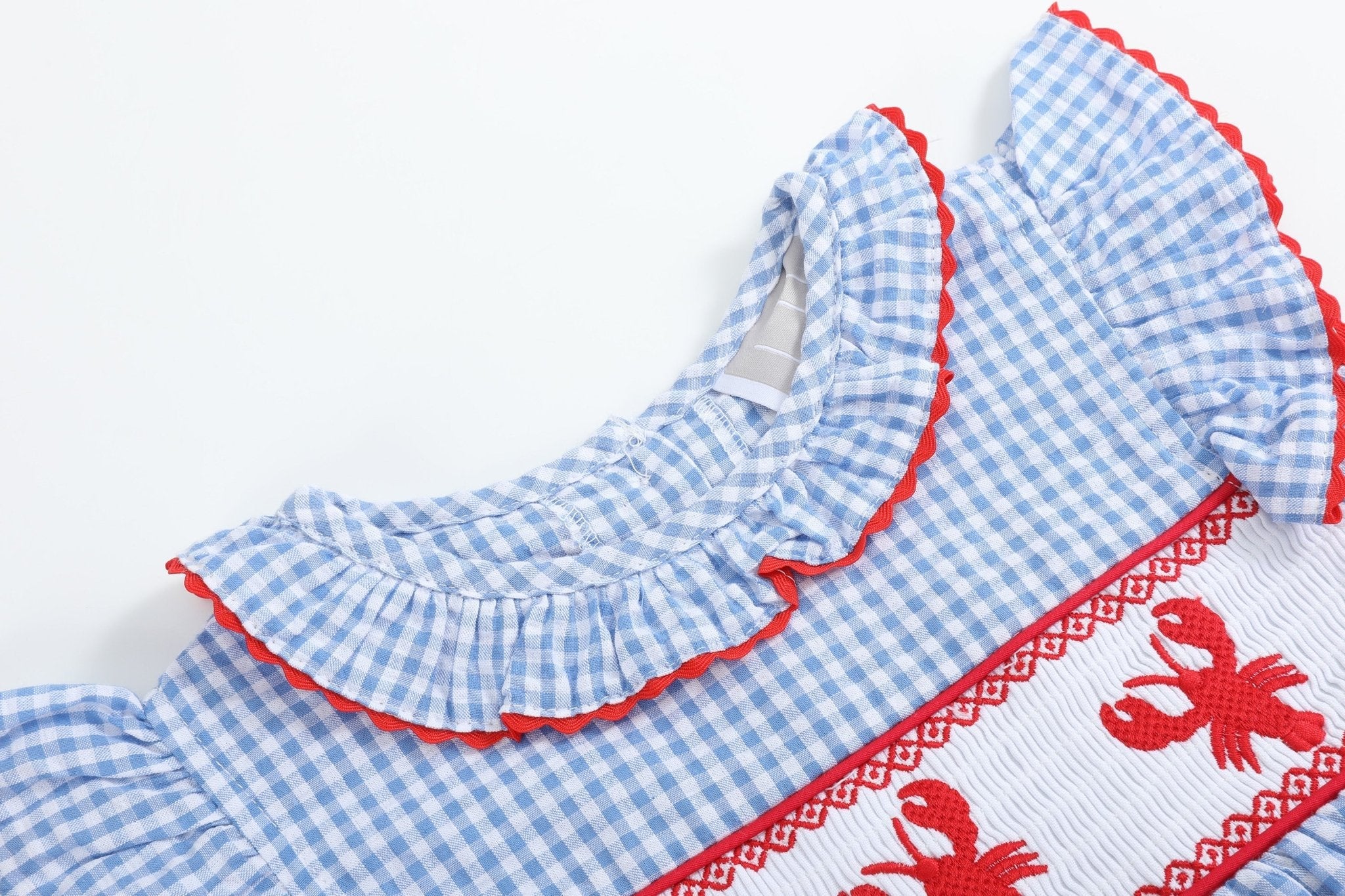 Blue Gingham Crawfish Smocked Dress