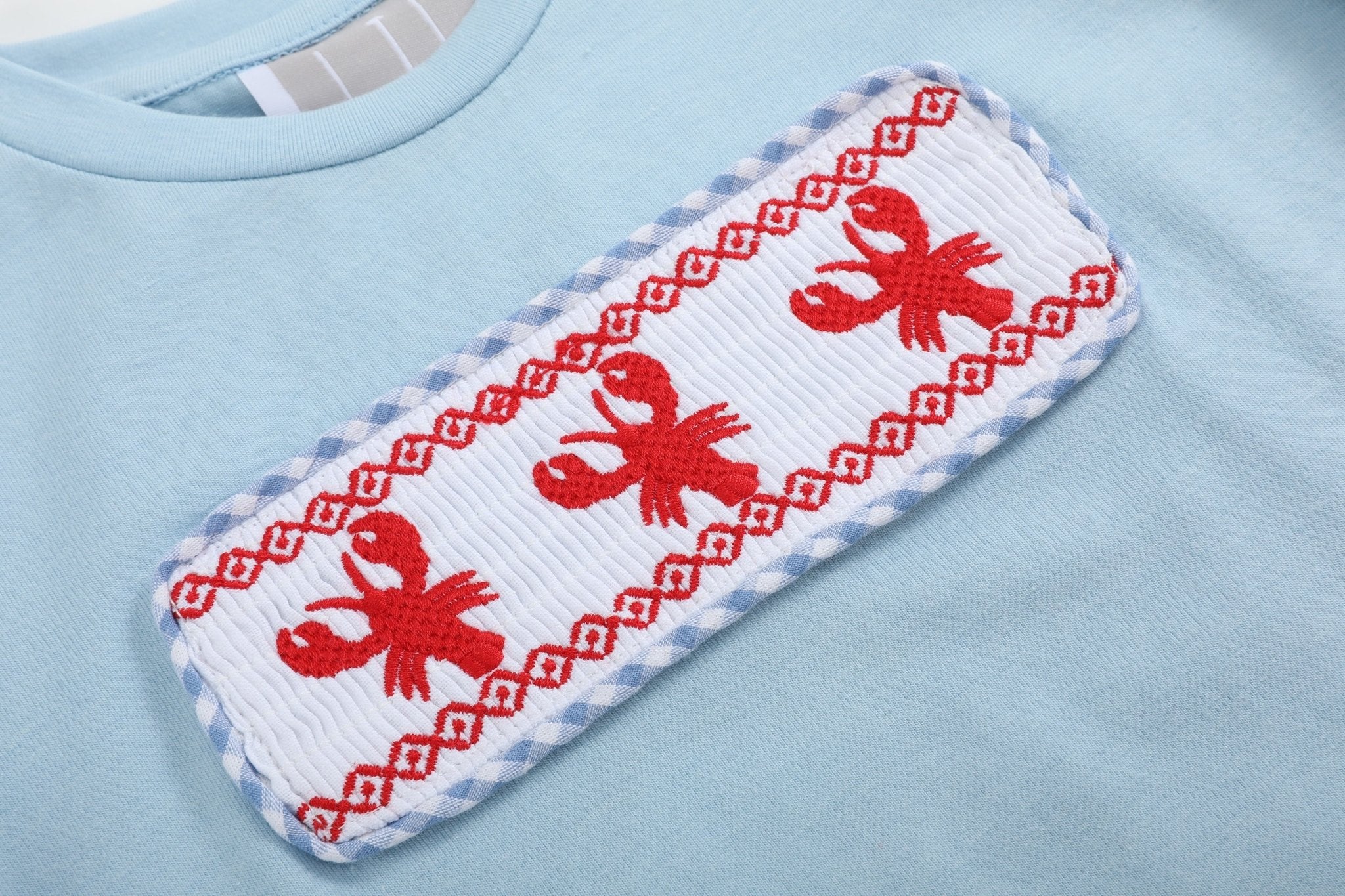 Blue Gingham Crawfish Smocked Shirt And Shorts Set