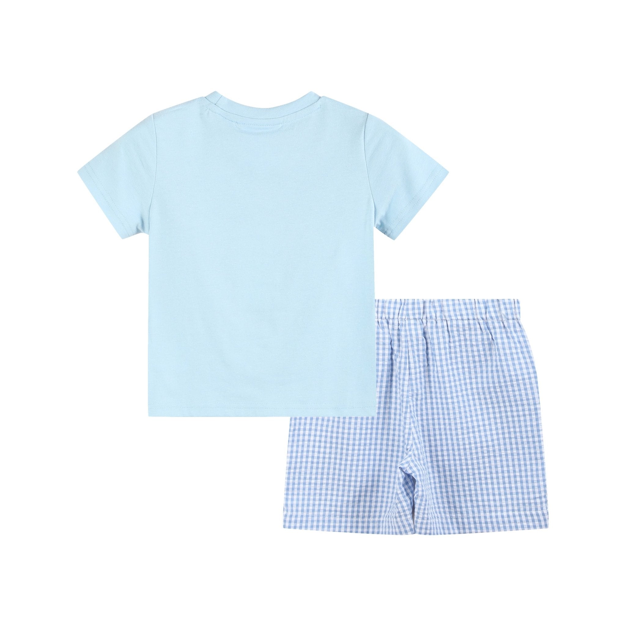 Blue Gingham Crawfish Smocked Shirt And Shorts Set