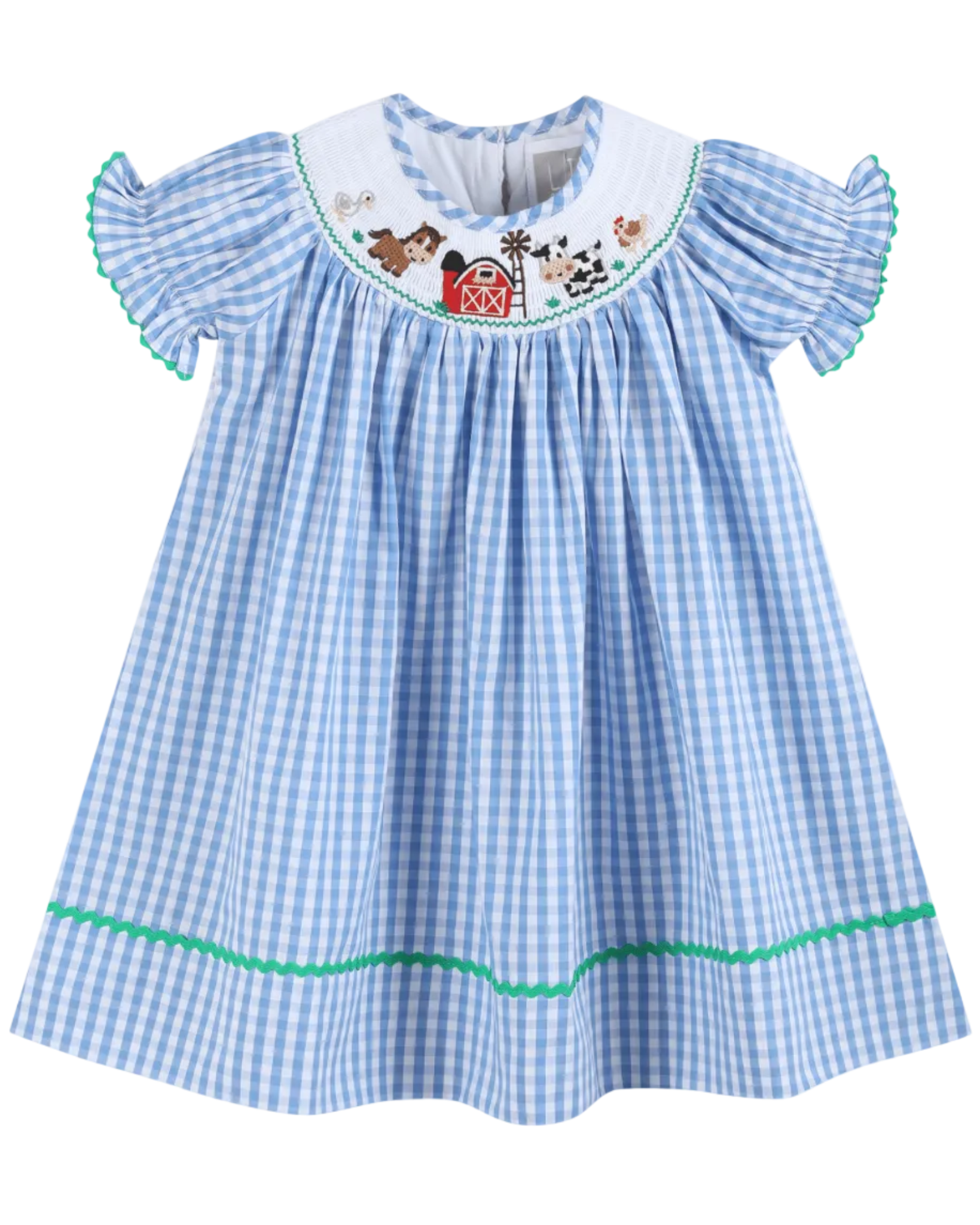 Blue Gingham Farm Smocked Bishop Dress
