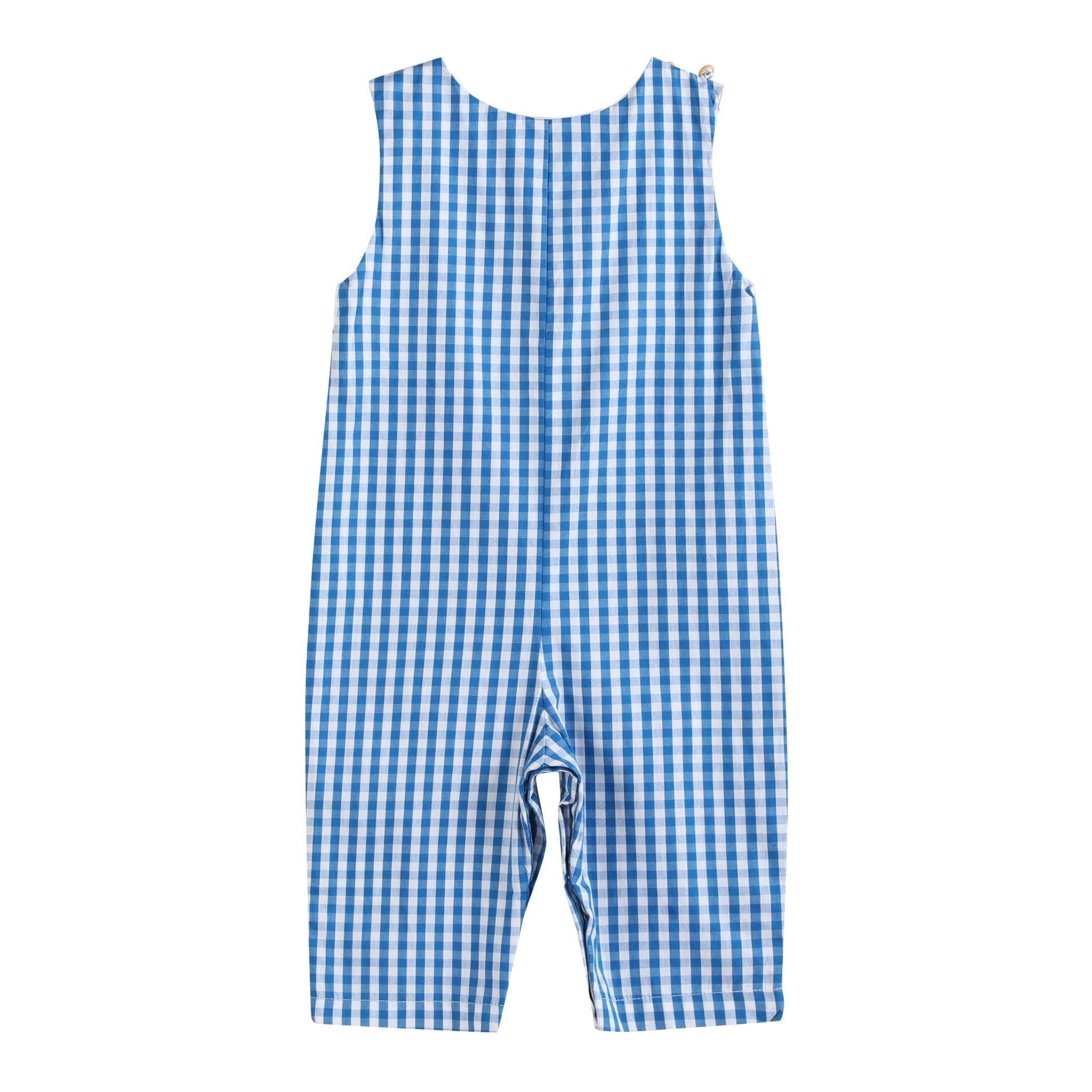 Blue Gingham Pumpkin Train Smocked Overalls